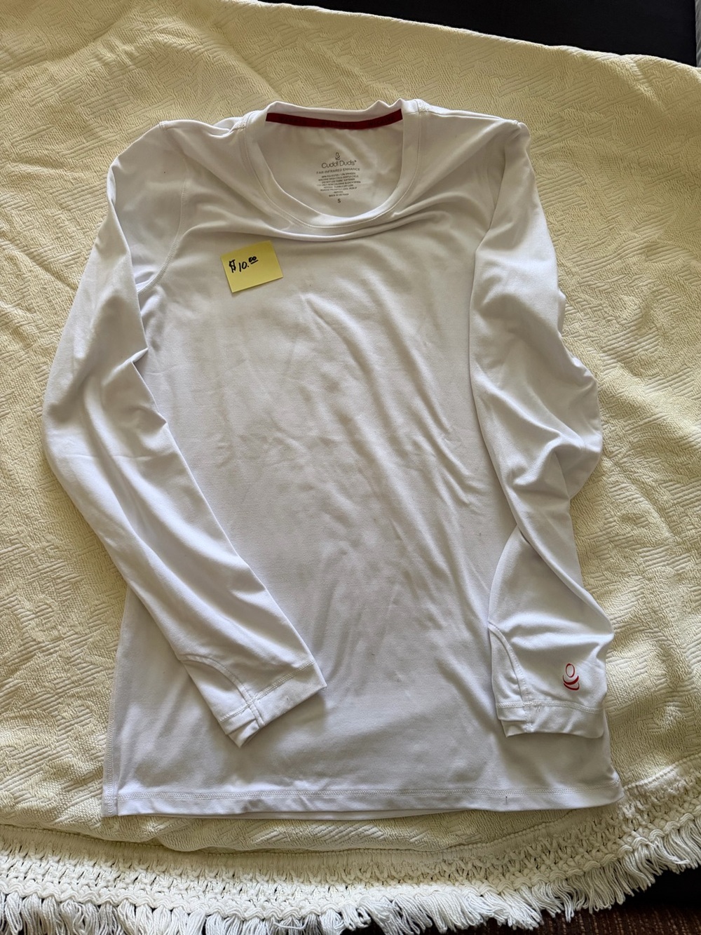 Cuddl Duds White Long Sleeve Top with Red Neck Trim